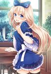  apron black_legwear blonde_hair blue_eyes bow bush chair cupboard day fence hair_bow long_hair looking_back open_mouth original patterned skirt solo star table thigh_gap thighhighs thighs tokunou_shoutarou wide_sleeves window zettai_ryouiki 