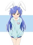  animal_ears blue_hair blush brown_eyes bunny_ears collarbone covering covering_crotch embarrassed fake_animal_ears idolmaster idolmaster_(classic) kindergarten_uniform kisaragi_chihaya long_hair name_tag shirt_tug solo tears wagomu17 