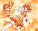  &gt;_&lt; 1girl :d anmitsu_(magenta) arm_up bike_shorts bow bowtie brother_and_sister brown_hair choker closed_eyes cosplay crossdressing cure_sunny cure_sunny_(cosplay) hair_bun happy hino_akane_(smile_precure!) hino_genki jumping open_mouth orange_(color) orange_background orange_choker orange_hair orange_neckwear orange_shorts orange_skirt precure short_hair shorts shorts_under_skirt siblings skirt smile smile_precure! sparkle thighhighs white_legwear xd 
