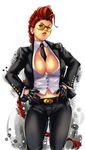  ahoge belt belt_buckle between_breasts braid breasts buckle cleavage clothes_between_breasts crimson_viper cross cross_earrings earrings formal hands_on_hips highres jewelry large_breasts lips lipstick long_hair makeup midriff necktie pant_suit pompadour red_hair signature single_braid solo street_fighter street_fighter_iv_(series) suit sunglasses ultimatesol very_long_hair 