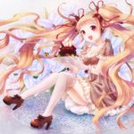  :d bad_id bad_pixiv_id blonde_hair breasts cake candle cleavage dress earrings flower food frills hair_ribbon high_heels holding jewelry light_particles long_hair medium_breasts nunucco open_mouth original pointy_ears red_eyes ribbon shoes sitting smile solo thighhighs twintails very_long_hair white_legwear 