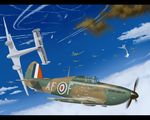  airplane bf_110 commentary_request damaged day flying hurricane_(airplane) letterboxed military military_vehicle no_humans original propeller shoki_(tel) sky world_war_ii 
