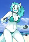  beach bikini canine female green_eyes green_hair hair icee seaside skimpy solo strype white_fur wolf 