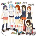  black_eyes black_hair blonde_hair blue_eyes blue_hair brown_eyes brown_hair highres holding holding_poke_ball lass_(pokemon) long_hair multiple_girls one_eye_closed panties pantyhose pantyshot pantyshot_(squatting) poke_ball pokemon pokemon_(game) pokemon_bw pokemon_dppt pokemon_frlg pokemon_gsc pokemon_hgss pokemon_rgby pokemon_rse purple_eyes school_uniform skirt sora_(sunday_sky) squatting standing underwear very_long_hair 