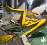 1girl artist_request brown_hair car feet foot furry game_freak giantess long_hair lowres motor_vehicle nintendo nipples personification pikachu pokemon pussy smoke solo spread_legs spread_pussy tail toes vehicle water what yellow_skin 