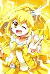  blonde_hair bow bowtie brooch choker cure_peace electricity hair_flaps happy highres jewelry kise_yayoi long_hair magical_girl no_nose one_eye_closed oshakana precure skirt smile_precure! solo v wrist_cuffs yellow yellow_background yellow_bow yellow_choker yellow_eyes yellow_neckwear yellow_skirt 