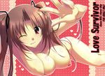  absurdres breasts brown_hair choco_chip copyright_request heart highres large_breasts long_hair lying nipples one_eye_closed panties red_eyes smile solo topless twintails underwear 