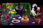  cake candeloro commentary_request cup dessert food homulilly kiribu_mekki kriemhild_gretchen kyubey madoka_runes mahou_shoujo_madoka_magica no_humans official_style oktavia_von_seckendorff ophelia_(madoka_magica) parody spoilers table tea teacup witch's_labyrinth witch_(madoka_magica) 