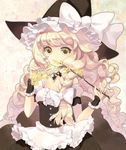  alternate_costume apron bangs bare_shoulders blonde_hair bow braid branch corset covering_mouth frills glitter hair_bow hat hat_bow kirisame_marisa long_hair nail_polish seal_(pukozin) side_braid solo touhou wavy_hair white_bow witch witch_hat wrist_cuffs yellow_eyes 
