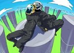  arm_support asutora_(coil) back-to-back crossed_arms daft_punk gloves guy-manuel_de_homem-christo helmet jacket male_focus multiple_boys pants sitting thomas_bangalter 