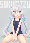  barefoot blue_eyes ico_(green_bullet) long_hair low-tied_long_hair one-piece_swimsuit original school_swimsuit silver_hair sitting solo swimsuit twintails wariza 