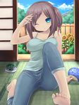  arm_up bare_shoulders barefoot blue_eyes breasts brown_hair camisole capri_pants denim fan feet flower hair_ornament hairclip indoors jeans large_breasts long_hair looking_at_viewer mosquito_coil one_eye_closed one_side_up original pants paper_fan sitting soles solo sunflower tatami tsukumiya_amane uchiwa 