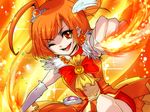  bike_shorts bow bowtie brooch choker clenched_hand cure_sunny eyelashes fiery_background fire hino_akane_(smile_precure!) jewelry magical_girl one_eye_closed orange_(color) orange_background orange_choker orange_eyes orange_hair orange_neckwear orange_skirt precure short_hair shorts shorts_under_skirt skirt smile_precure! solo squatting tapaipai 