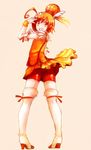  ahoge atsu_mono bike_shorts boots cure_sunny full_body hair_bun hino_akane_(smile_precure!) looking_back magical_girl orange_(color) orange_eyes orange_hair orange_skirt precure red_shorts short_hair shorts shorts_under_skirt skirt smile smile_precure! solo thigh_boots thighhighs white_background white_legwear 