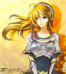  armor beancurd blonde_hair blue_eyes bracer hairband highres league_of_legends long_hair luxanna_crownguard sketch solo 