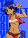  blue_eyes blue_hair bob_cut bracelet dark_skin earrings fujimaru_arikui fushigi_no_umi_no_nadia hair_ornament hairclip hoop_earrings jewelry loincloth midriff nadia neck_ring necklace open_mouth short_hair solo strapless tubetop vest waving 