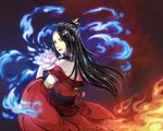  avatar:_the_last_airbender avatar_(series) azula bare_shoulders black_hair blue_fire detached_sleeves fire flower kellylee lipstick long_hair makeup solo topknot yellow_eyes 