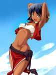  :d armpits arms_behind_head arms_up black_hair bob_cut bracelet breasts cloud cowboy_shot dark_skin day earrings fushigi_no_umi_no_nadia green_eyes hayashi_ekyuu highres jewelry loincloth medium_breasts midriff nadia navel neck_ring necklace open_mouth pelvic_curtain short_hair sky smile solo strapless stretch tubetop underboob vest 