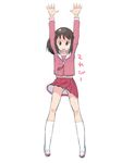  arms_up azumanga_daiou brown_eyes brown_hair highres kasuga_ayumu kneehighs midriff okera panties pantyshot school_uniform simple_background sketch skirt smile solo translated underwear white_background wind wind_lift 