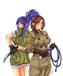  back-to-back blue_eyes blue_hair breasts brown_eyes brown_hair choker combat_knife cropped_jacket gloves hands_on_hips highres khakis knife large_breasts leona_heidern lips long_hair looking_back military military_uniform multiple_girls ponytail short_hair shorts sleeves_rolled_up the_king_of_fighters ultimatesol uniform weapon whip whip_(kof) 