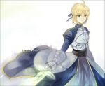  ahoge armor armored_dress artoria_pendragon_(all) bad_id bad_pixiv_id blonde_hair character_name copyright_name dress excalibur fate/zero fate_(series) gauntlets green_eyes hair_ribbon invisible_air ribbon saber solo sword weapon winora 