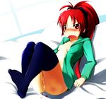  after_sex blood blue_legwear blush cum cum_in_pussy dlcsekiei flat_chest hood hoodie legs_together long_hair lying mahou_shoujo_madoka_magica naked_hoodie no_panties on_back on_bed open_clothes open_hoodie pillow ponytail pussy red_eyes red_hair sakura_kyouko solo thighhighs virgin 