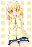  blonde_hair blush buttons cardigan eyelashes hairband hands_together kise_yayoi nanairogaoka_middle_school_uniform own_hands_together pleated_skirt precure school_uniform short_hair skirt smile_precure! solo tears tokunou_shoutarou white_hairband yellow_eyes 