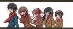  4girls anger_vein arm_grab bad_id bad_pixiv_id black_hair blue_eyes blush bow brown_eyes brown_hair coat flower frown green_eyes grin hair_bow hair_flower hair_ornament hairclip hand_to_own_mouth head_wreath heart hiro_(hirohiro31) kamijou_touma laughing letterboxed long_hair misaka_mikoto mittens multiple_girls open_mouth plaid plaid_scarf saten_ruiko scarf shirai_kuroko short_hair sleeve_tug smile striped striped_scarf sweatdrop to_aru_kagaku_no_railgun to_aru_majutsu_no_index twintails uiharu_kazari 