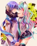  1girl aqua_eyes aqua_hair arms_around_neck blue_eyes blue_hair blue_scarf couple detached_sleeves eye_contact hatsune_miku headphones hetero kaito long_hair looking_at_another michiru_(idea_style) necktie scarf skirt thighhighs twintails vocaloid 