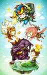  3boys :&lt; :3 :d :o alternate_costume battle behemoth blonde_hair brown_eyes brown_hair butz_klauser cape chibi chocobo closed_mouth cloud deviljho final_fantasy final_fantasy_i final_fantasy_iii final_fantasy_v final_fantasy_xiii fireball helmet lightning_farron monster_hunter multiple_boys on_head onion_knight open_mouth pink_hair red_eyes shield smile star sword theatrhythm_final_fantasy ujuju v-shaped_eyebrows warrior_of_light weapon white_hair |_| 