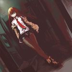  boots box cardboard_box dark dutch_angle green_eyes hallway jacket long_hair makise_kurisu necktie nyanpe pale_skin pantyhose red_hair red_neckwear shorts sketch solo steins;gate 