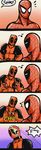 2boys bodysuit comic deadpool egg food highres male male_focus marvel mask multiple_boys multiple_views spider-man spider-man_(series) 