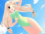  arm_up blonde_hair dutch_angle long_hair low-tied_long_hair mizutsuki one-piece_swimsuit original red_eyes solo swimsuit 