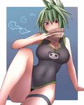  bare_shoulders between_fingers breasts cleavage cleavage_cutout green_hair holding large_breasts ofuda ohoo one-piece_swimsuit panda purple_eyes shaman_king sitting solo spiked_hair swimsuit tao_jun thigh_strap 