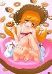  amayofuu bare_shoulders barefoot blonde_hair blush blush_stickers covering covering_crotch doughnut dress feet food hat long_hair monogatari_(series) open_mouth oshino_shinobu pon_de_ring sitting smile soles solo straw_hat sun_hat toes yellow_eyes 