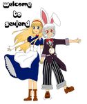  alice_in_sexland alice_in_wonderland animal_ears blonde_hair breasts cat_ears clothed clothing dress female hair looking_at_viewer smile white_rabbit 