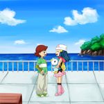  1boy 1girl blue_eyes blue_hair brown_hair hat hikari_(pokemon) kengo_(pokemon) ocean piplup pokemon sea sky 