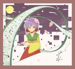 blue_hair border calligraphy_brush cup full_moon hieda_no_akyuu holding hunabera moon musical_note paintbrush purple_eyes saucer smile solo teacup touhou translation_request 