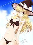  belly bikini blonde_hair brown_bikini cloud dated day front-tie_top groin haruki_(colorful_macaron) hat heart kirisame_marisa long_hair lowleg lowleg_bikini navel signature sky smile solo swimsuit touhou witch_hat yellow_eyes 