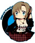  belt blue_eyes brown_hair character_name chibi clothes_writing headphones idolmaster idolmaster_cinderella_girls jewelry lowres nasa_yu necklace plaid plaid_skirt skirt solo tada_riina tank_top 