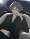  bad_id bad_pixiv_id fate/zero fate_(series) grey_eyes japanese_clothes kimono male_focus matou_kariya sitting smile white_hair yoichi_(ha-ya-shi) 