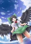  aonagi_ibane black_hair blue_sky bow cape cloud day hair_bow highres long_hair open_mouth red_eyes reiuji_utsuho skirt skirt_lift sky smile solo third_eye touhou wading water wings 