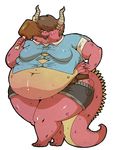  breasts brown_hair clothed clothing dragon ear_piercing eating eyes_closed female food hair horn morbidly_obese nastyjungle navel overweight piercing red red_body skimpy solo 