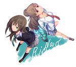  brown_hair cardigan green_eyes highres idolmaster idolmaster_cinderella_girls kamiya_nao long_hair multiple_girls necktie red_eyes school_uniform shibuya_rin shibuya_susano skirt smile 