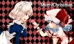  adjusting_hair bad_id bad_pixiv_id blue_eyes blue_hair checkered checkered_background christmas fang feeding food hand_on_own_face hat izayoi_sakuya lace macaron maid maid_headdress multiple_girls nishino_miyuki open_mouth pointy_ears red_eyes remilia_scarlet ribbon silver_hair smile touhou wrist_cuffs 