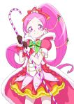  1girl adapted_costume brown_gloves choker closed_mouth cure_blossom gloves hair_ribbon hanasaki_tsubomi heart heartcatch_precure! highres holding holding_staff long_hair looking_at_viewer magical_girl matatabi_(karukan222) pink_eyes pink_hair ponytail precure red_choker red_ribbon red_skirt ribbon short_sleeves simple_background skirt smile solo staff white_background 