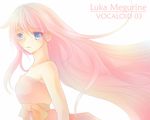 arm artist_request bare_arms bare_shoulders blue_eyes character_name copyright_name dress female highres looking_at_viewer megurine_luka neck pink_dress pink_hair solo strapless strapless_dress upper_body very_long_hair vocaloid 