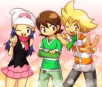  1girl 2boys blonde_hair blue_eyes blue_hair brown_eyes brown_hair dawn hat hikari_(pokemon) jun_(pokemon) kengo_(pokemon) kenny_(pokemon) multiple_boys pokemon pokemonjun_(pokemon) yellow_eyes 