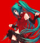  aqua_hair cola_miku detached_sleeves hatsune_miku highres long_hair navel open_mouth red_background red_eyes simple_background skirt solo thighhighs totuka twintails very_long_hair vocaloid zettai_ryouiki 