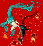  aqua_eyes aqua_hair boots bubble cola_miku collarbone elbow_gloves from_above gloves hatsune_miku highres ice long_hair looking_at_viewer looking_up multicolored_hair one_eye_closed pantyhose red red_background red_hair salute shorts smile solo twintails very_long_hair vocaloid 